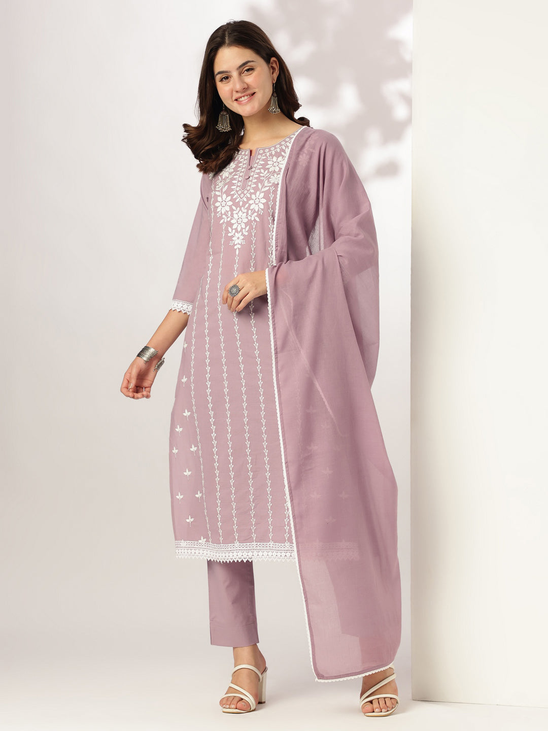 Janasya Women's Light Purple Pure Cotton Embroidered Straight Kurta Set - qivii