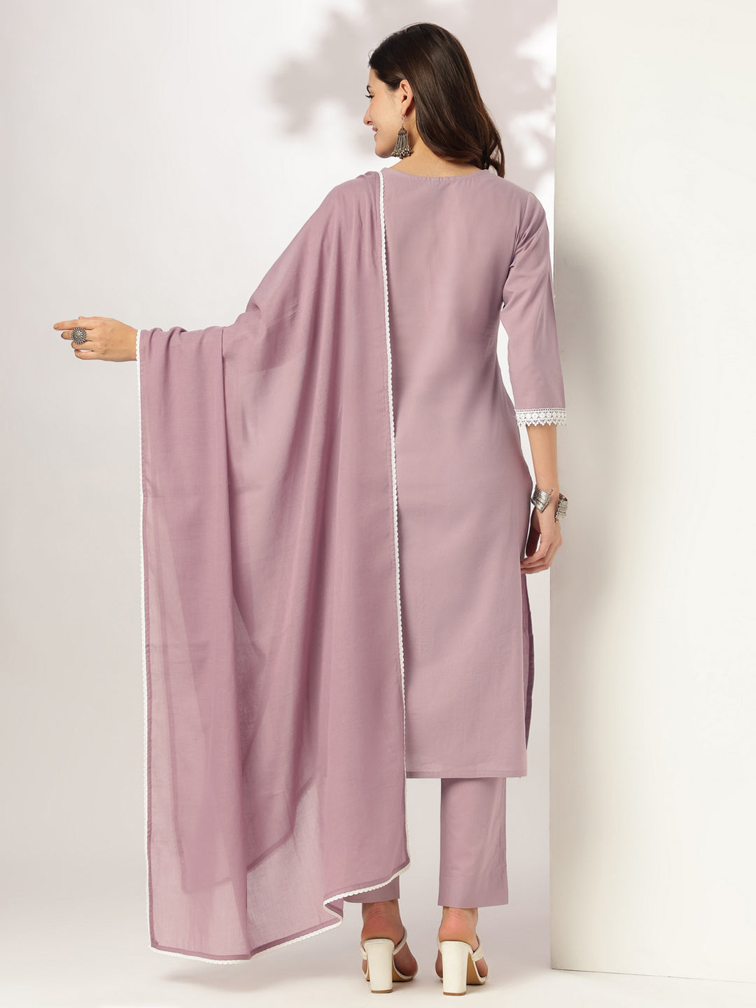 Janasya Women's Light Purple Pure Cotton Embroidered Straight Kurta Set - qivii