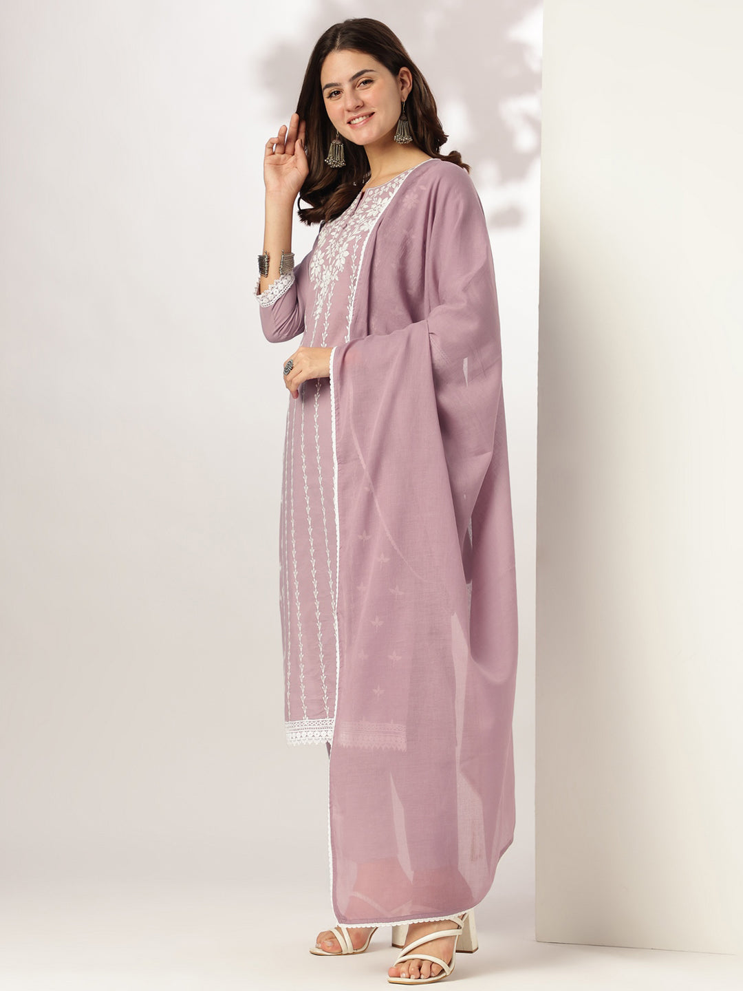 Janasya Women's Light Purple Pure Cotton Embroidered Straight Kurta Set - qivii