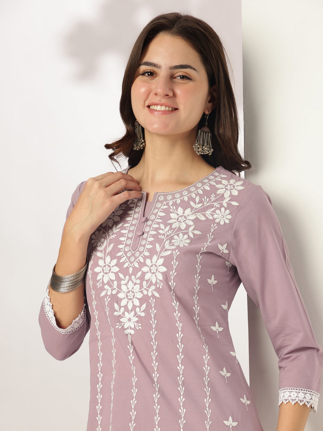 Janasya Women's Light Purple Pure Cotton Embroidered Straight Kurta Set - qivii