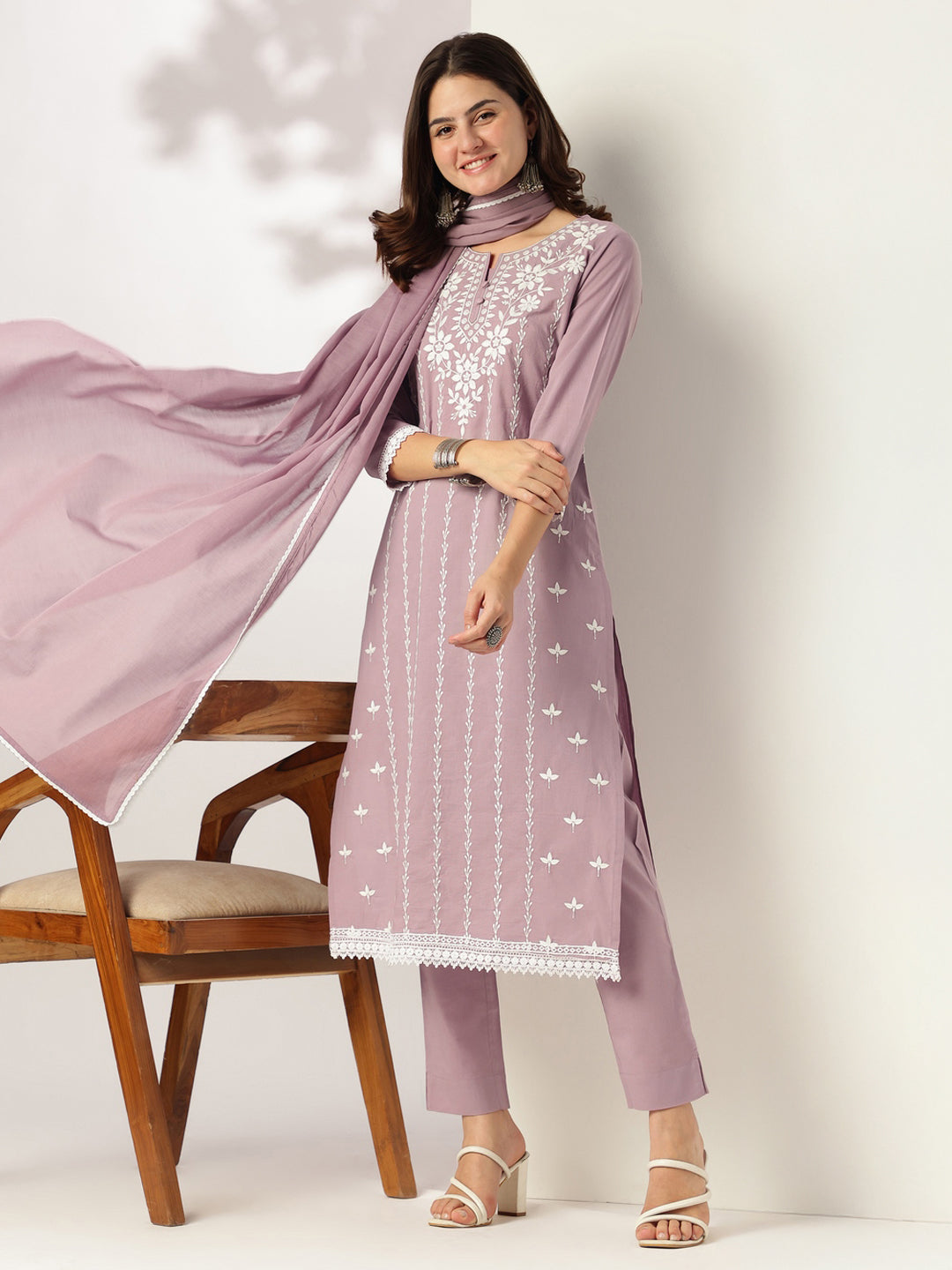 Janasya Women's Light Purple Pure Cotton Embroidered Straight Kurta Set - qivii