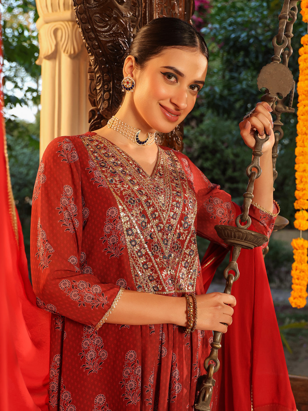 Janasya Women's Maroon Georgette Yoke Embroidered Ajrakh Printed A line Kurta Set - qivii