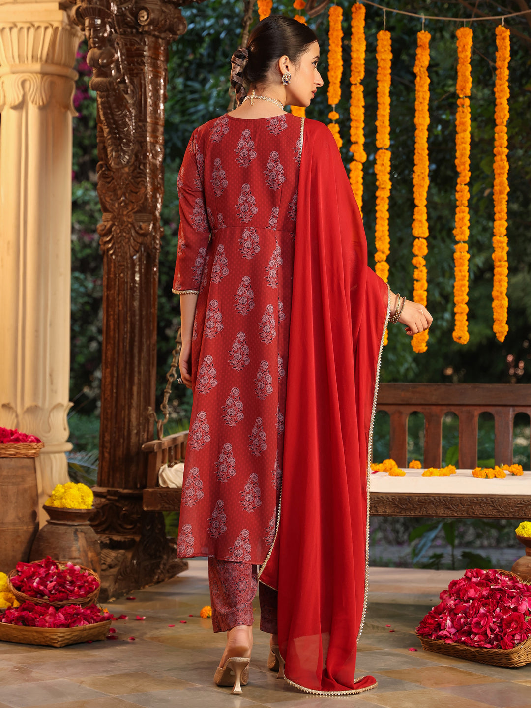 Janasya Women's Maroon Georgette Yoke Embroidered Ajrakh Printed A line Kurta Set - qivii