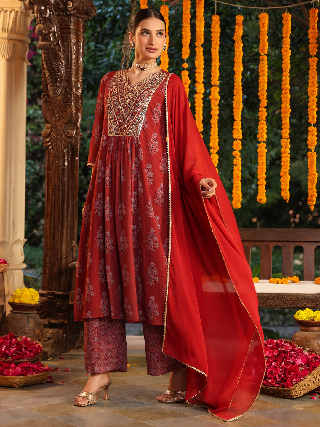 Janasya Women's Maroon Georgette Yoke Embroidered Ajrakh Printed A line Kurta Set - qivii