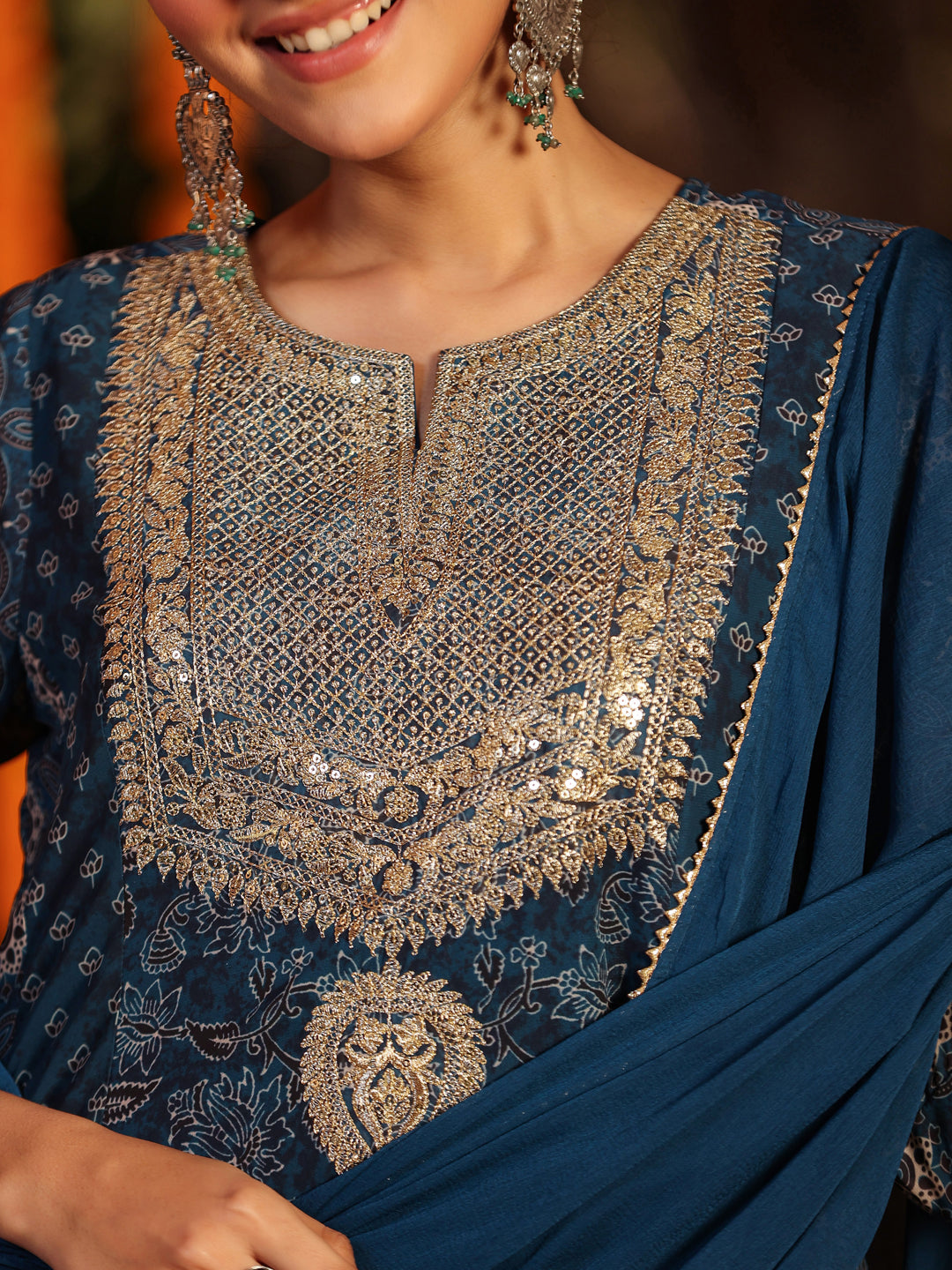 Janasya Women's Dark Blue Georgette Ajrakh Printed Embellished Anarkali Kurta Set - qivii