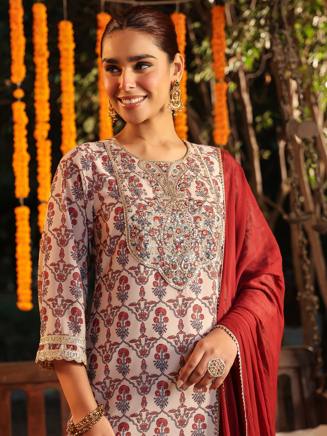 Janasya Women's Cream Georgette Yoke Zari Embroidered Ajarakh Printed Straight Kurta Set - qivii