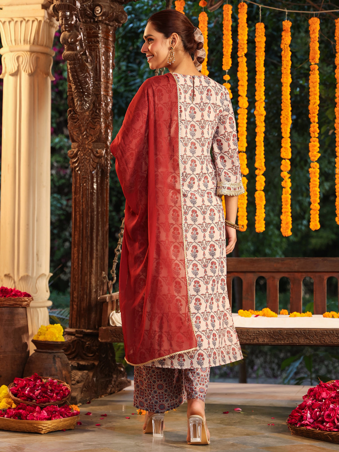 Janasya Women's Cream Georgette Yoke Zari Embroidered Ajarakh Printed Straight Kurta Set - qivii