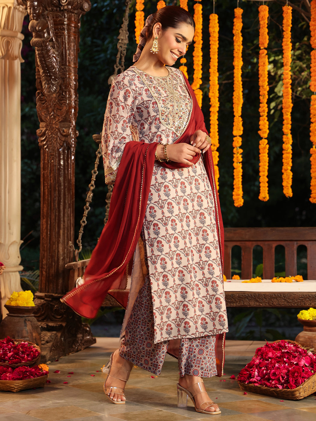 Janasya Women's Cream Georgette Yoke Zari Embroidered Ajarakh Printed Straight Kurta Set - qivii