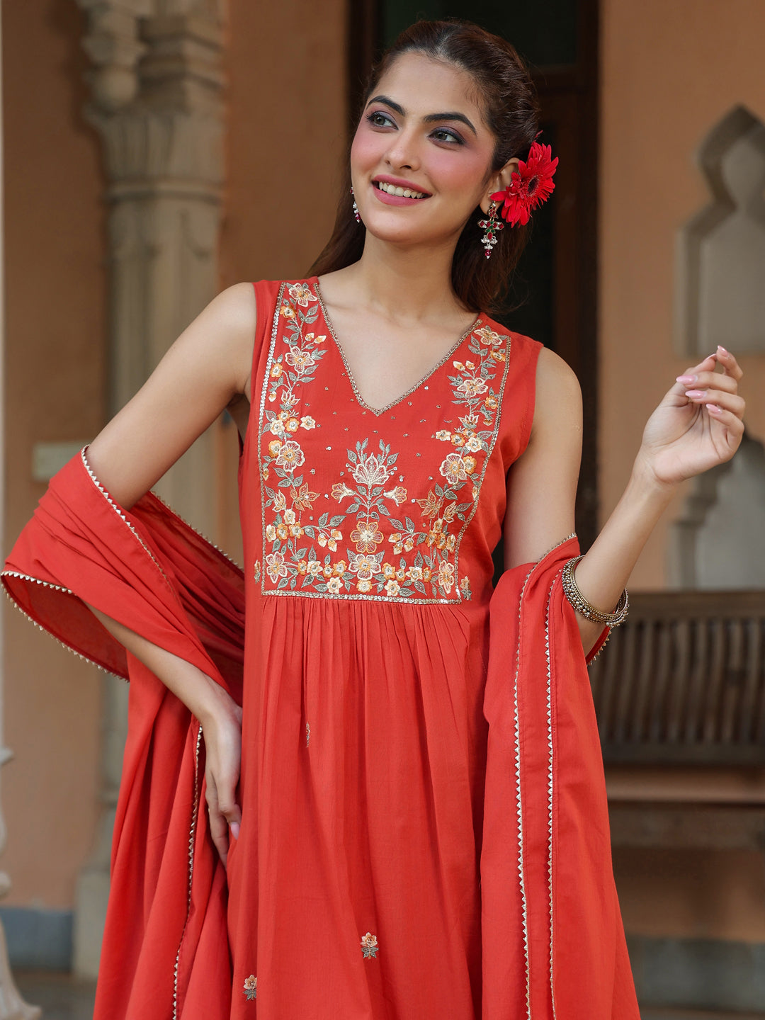 Janasya Women's Rust Pure Cotton Embroidered A-line Kurta Set - qivii