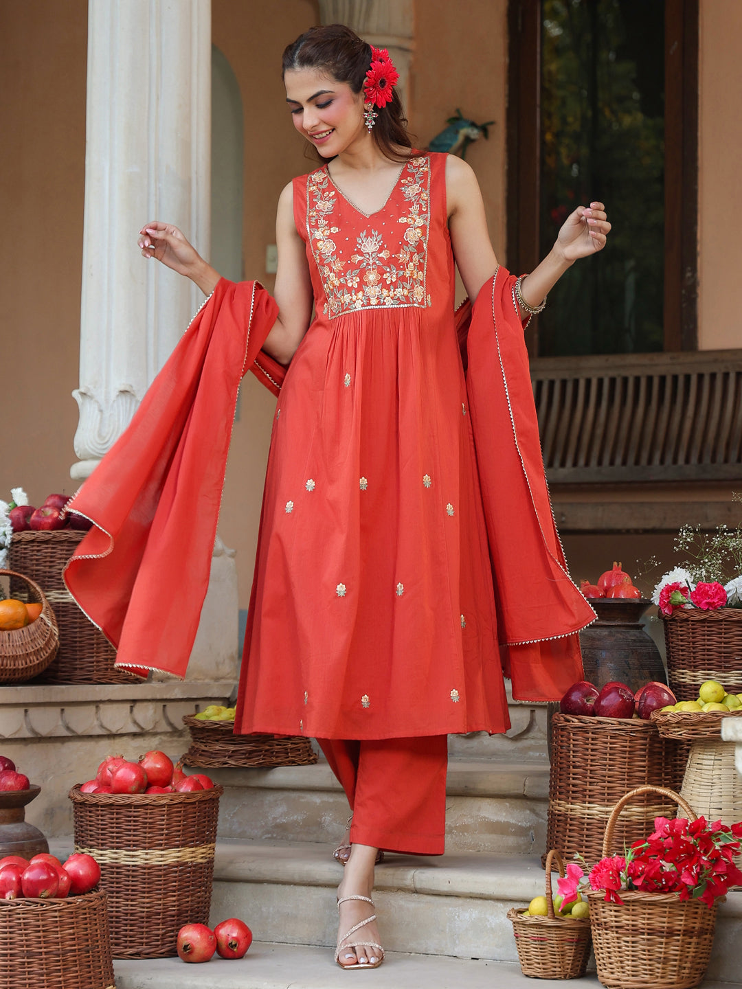 Janasya Women's Rust Pure Cotton Embroidered A-line Kurta Set - qivii