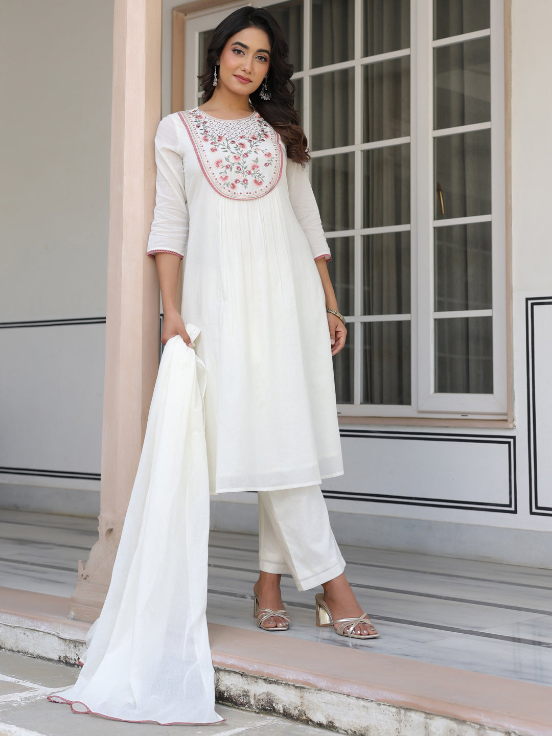 Janasya Women's Off White Pure Cotton Yoke Embroidered A line Kurta Set - qivii