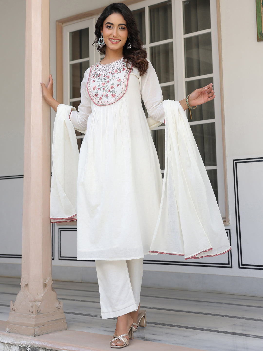 Janasya Women's Off White Pure Cotton Yoke Embroidered A line Kurta Set - qivii