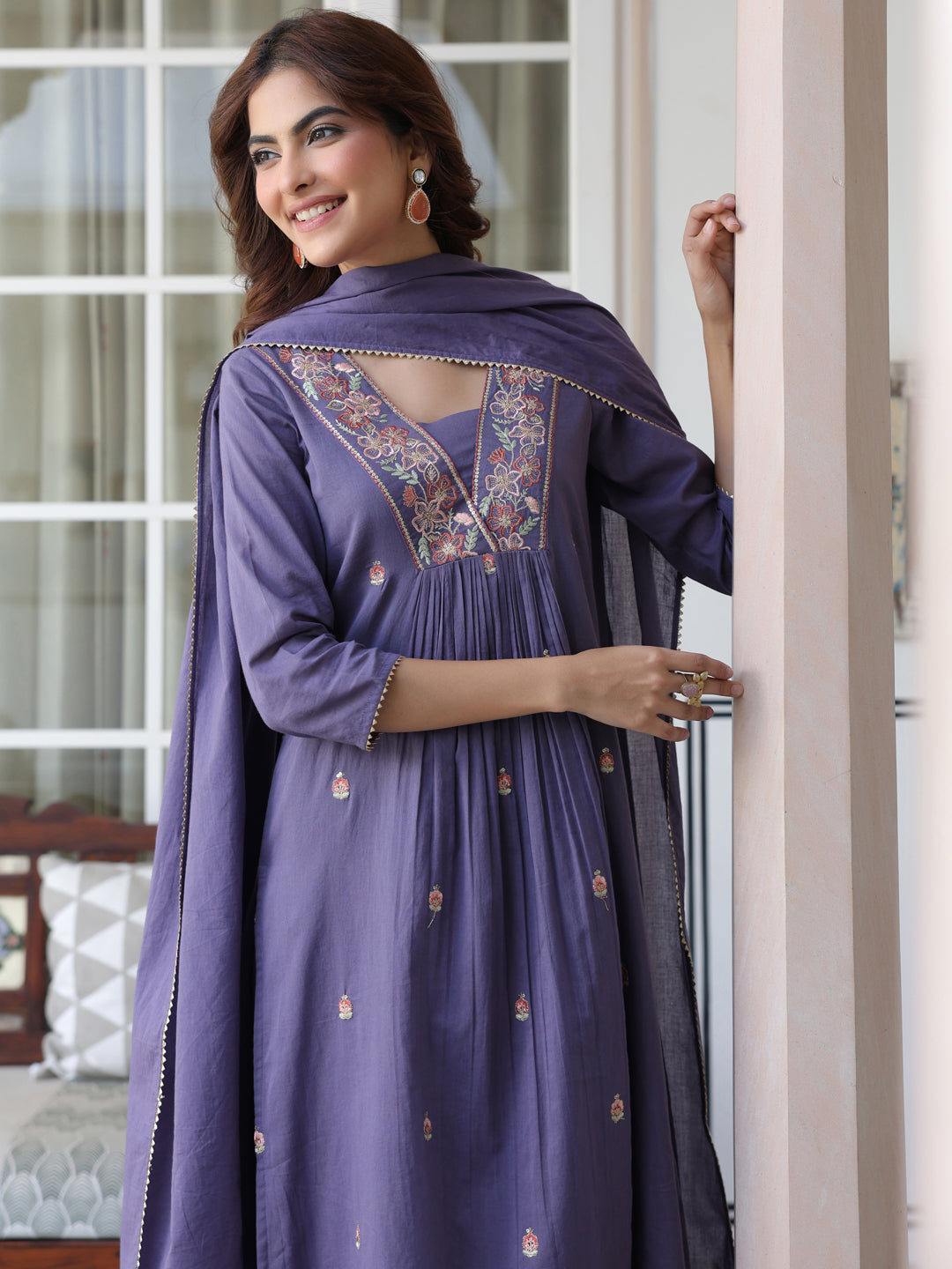 Janasya Women's Purple Pure Cotton Embroidered A-line Kurta Set - qivii