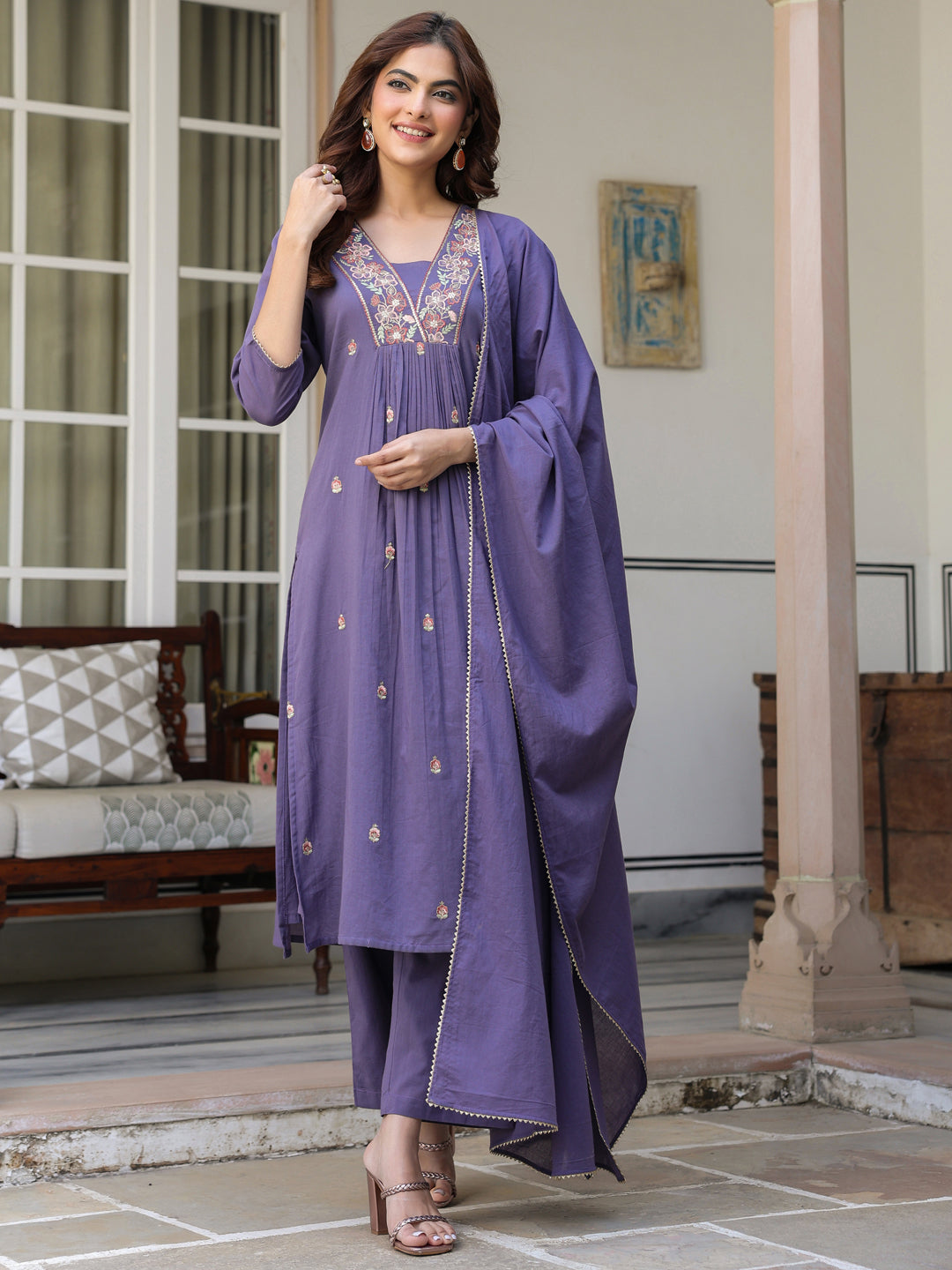 Janasya Women's Purple Pure Cotton Embroidered A-line Kurta Set - qivii