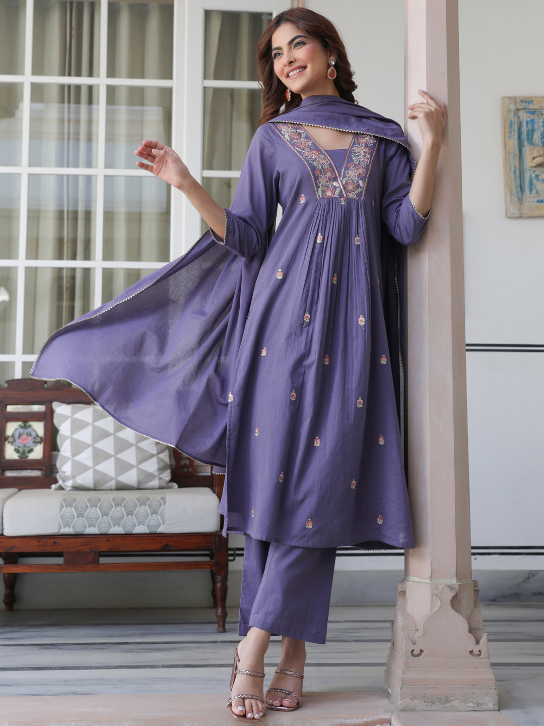 Janasya Women's Purple Pure Cotton Embroidered A-line Kurta Set - qivii
