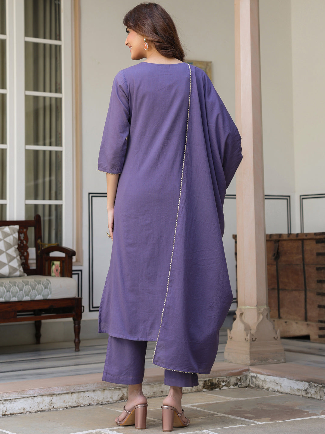 Janasya Women's Purple Pure Cotton Embroidered A-line Kurta Set - qivii