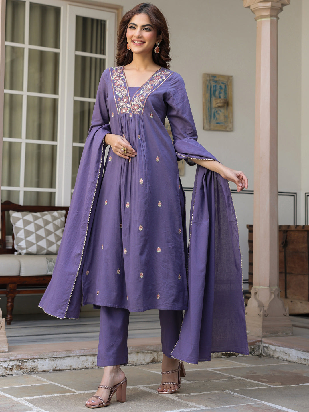 Janasya Women's Purple Pure Cotton Embroidered A-line Kurta Set - qivii