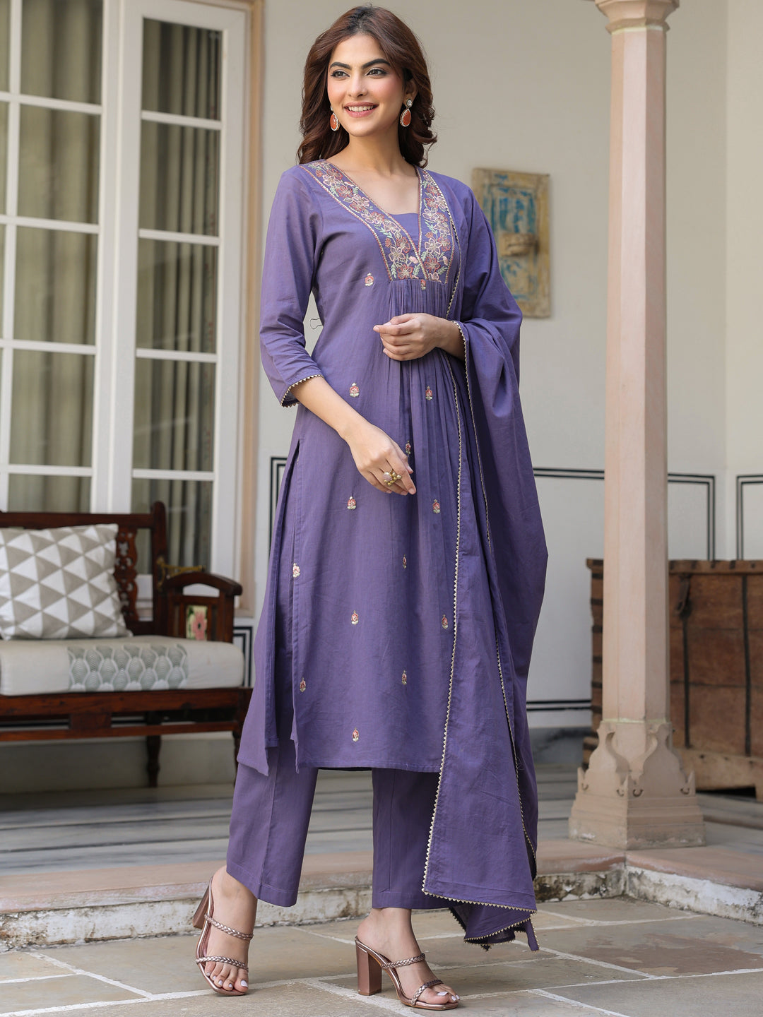 Janasya Women's Purple Pure Cotton Embroidered A-line Kurta Set - qivii