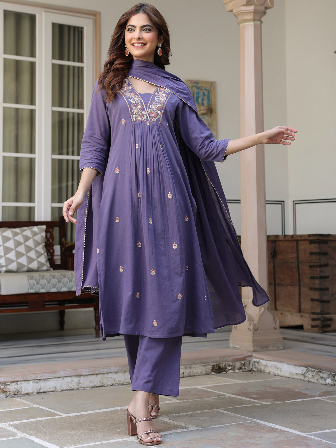 Janasya Women's Purple Pure Cotton Embroidered A-line Kurta Set - qivii