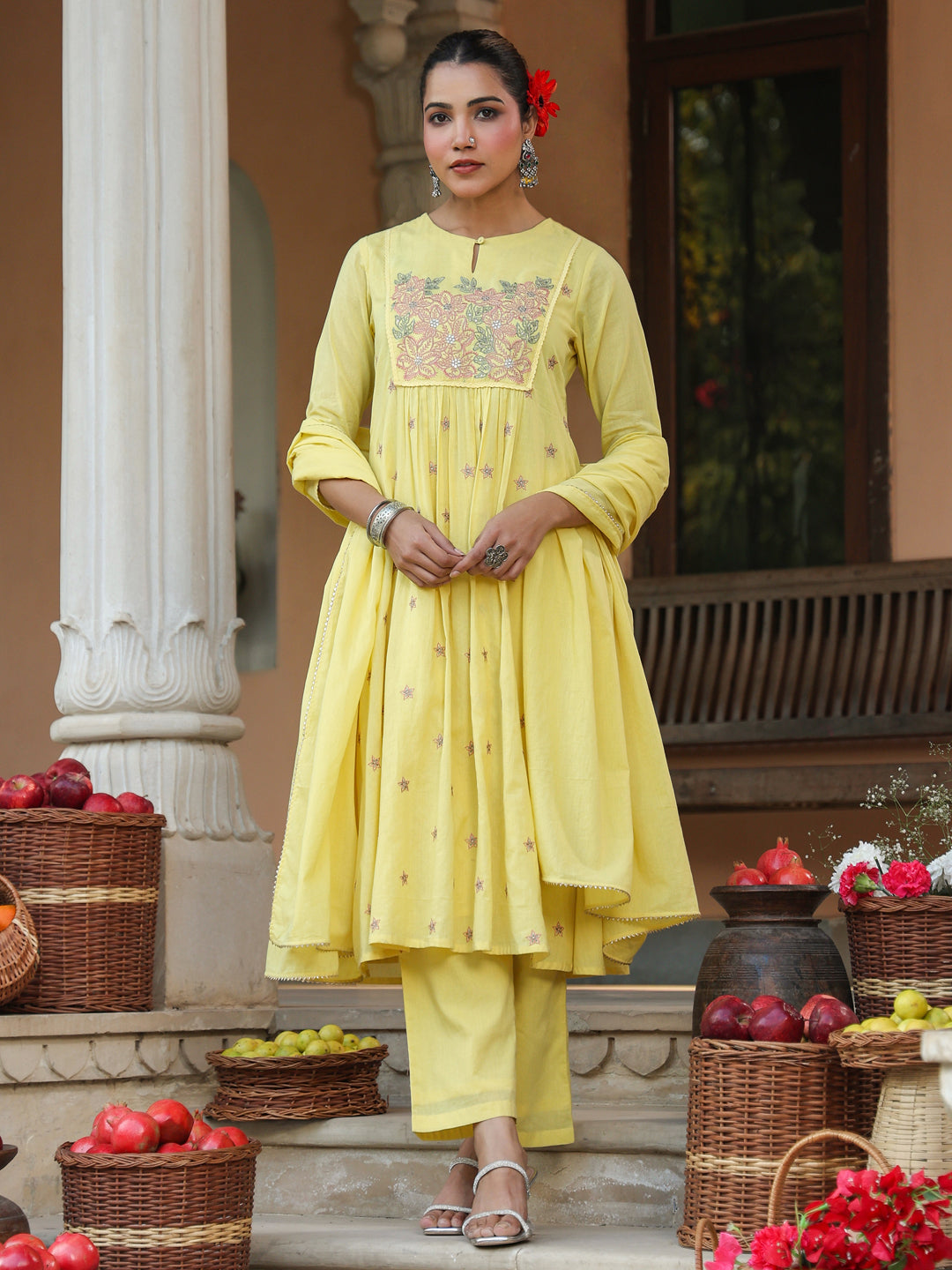 Janasya Women's Yellow Pure Cotton Embroidered A-line Kurta Set - qivii