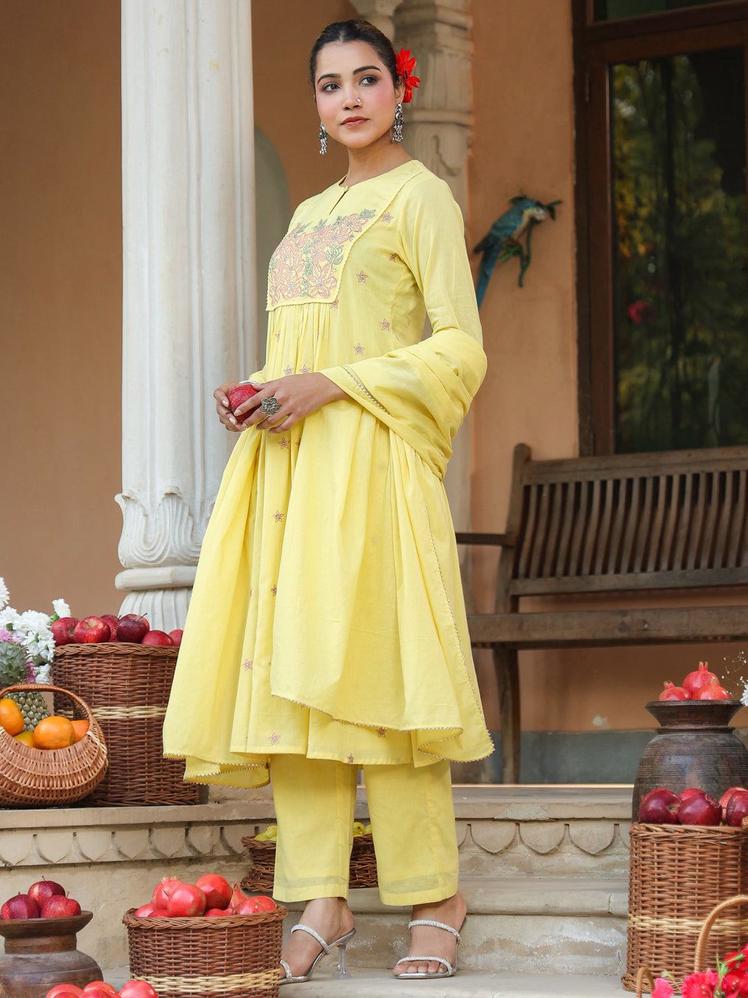Janasya Women's Yellow Pure Cotton Embroidered A-line Kurta Set - qivii