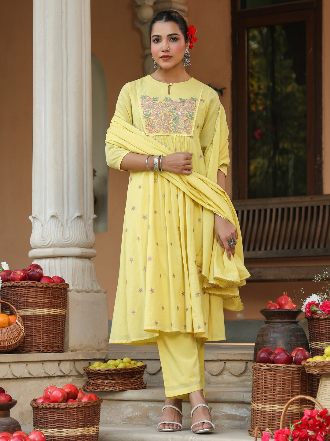 Janasya Women's Yellow Pure Cotton Embroidered A-line Kurta Set - qivii