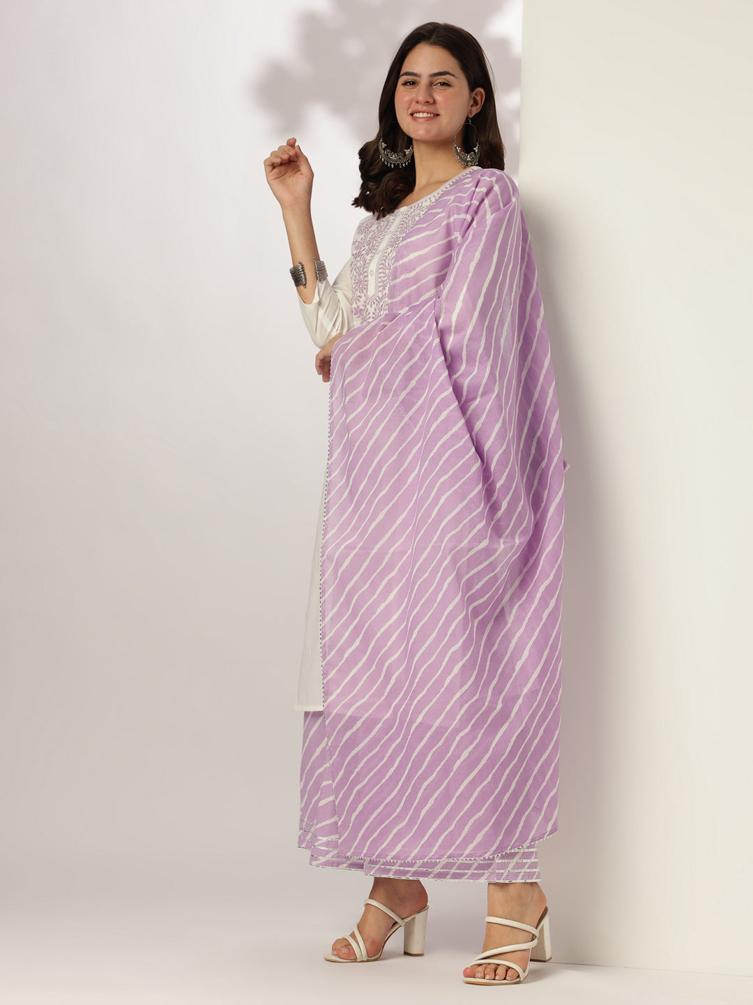 White & Lavender Pure Cotton Yoke Embroidered Straight Kurta Set - qivii