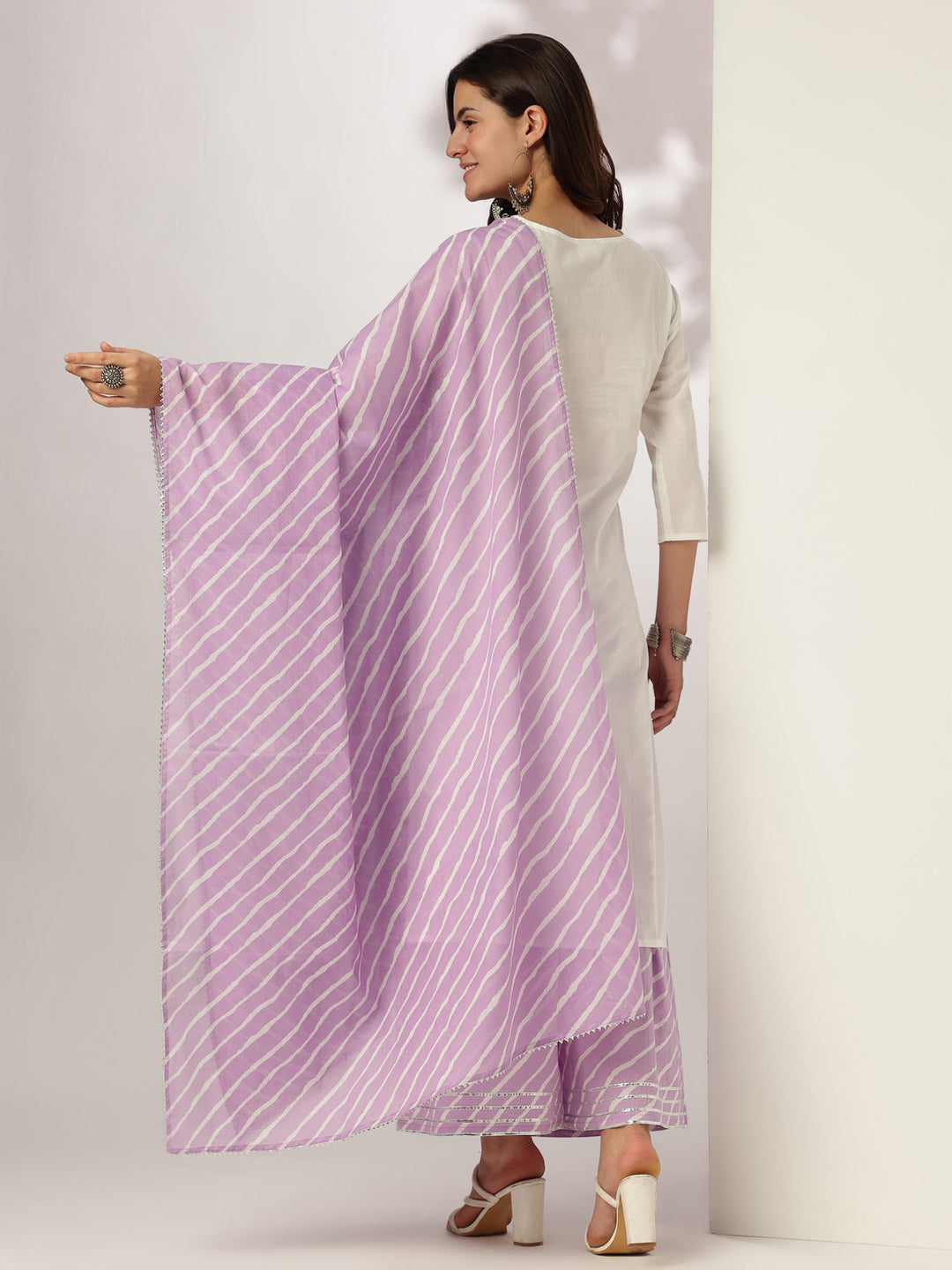 White & Lavender Pure Cotton Yoke Embroidered Straight Kurta Set - qivii