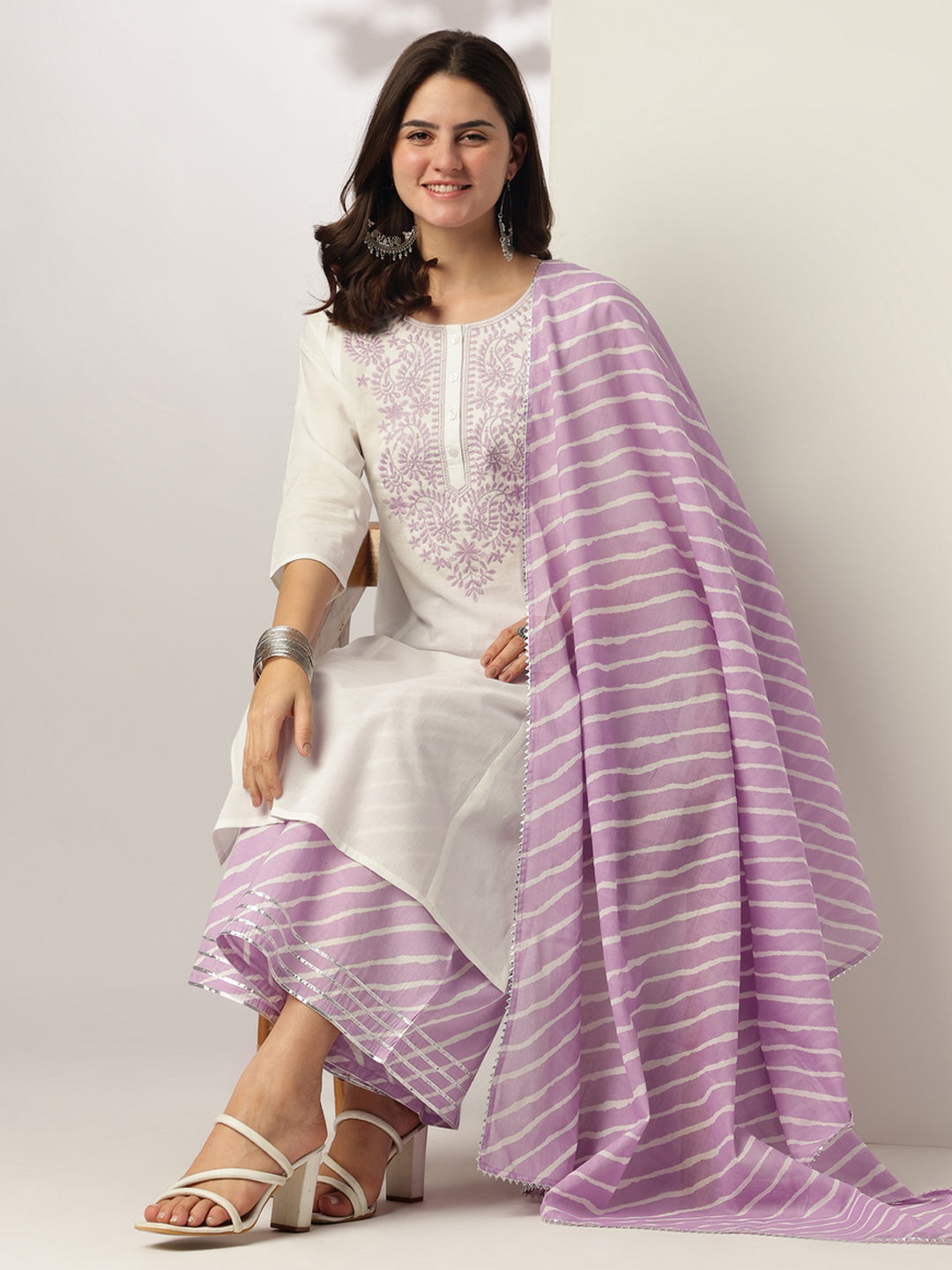 White & Lavender Pure Cotton Yoke Embroidered Straight Kurta Set - qivii