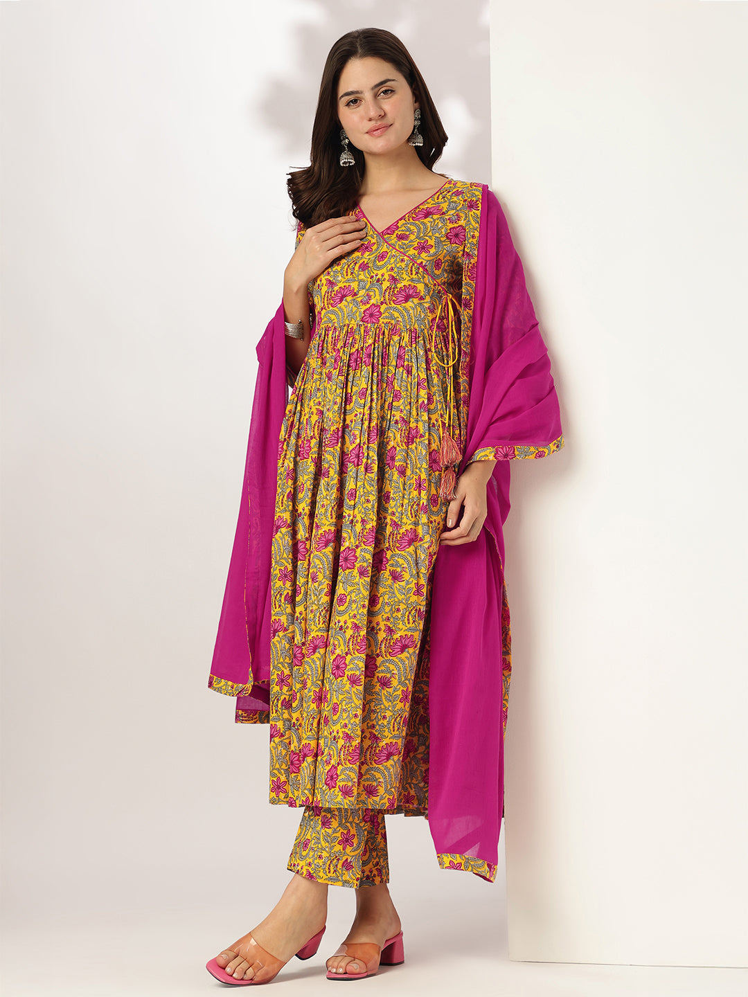 Janasya Women's Yellow Pure Cotton Floral Printed Angrakha Kurta Set - qivii