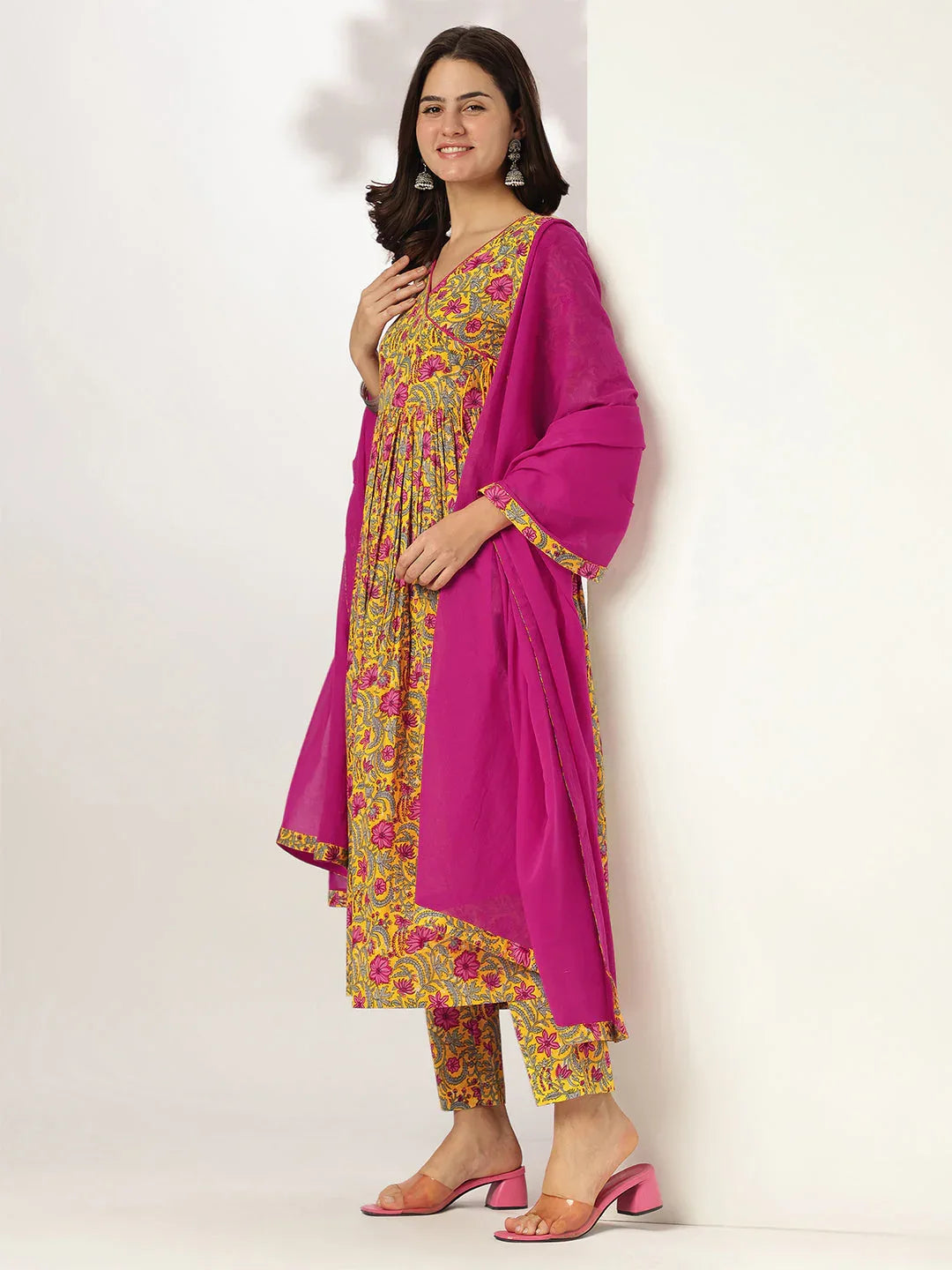 Janasya Women's Yellow Pure Cotton Floral Printed Angrakha Kurta Set