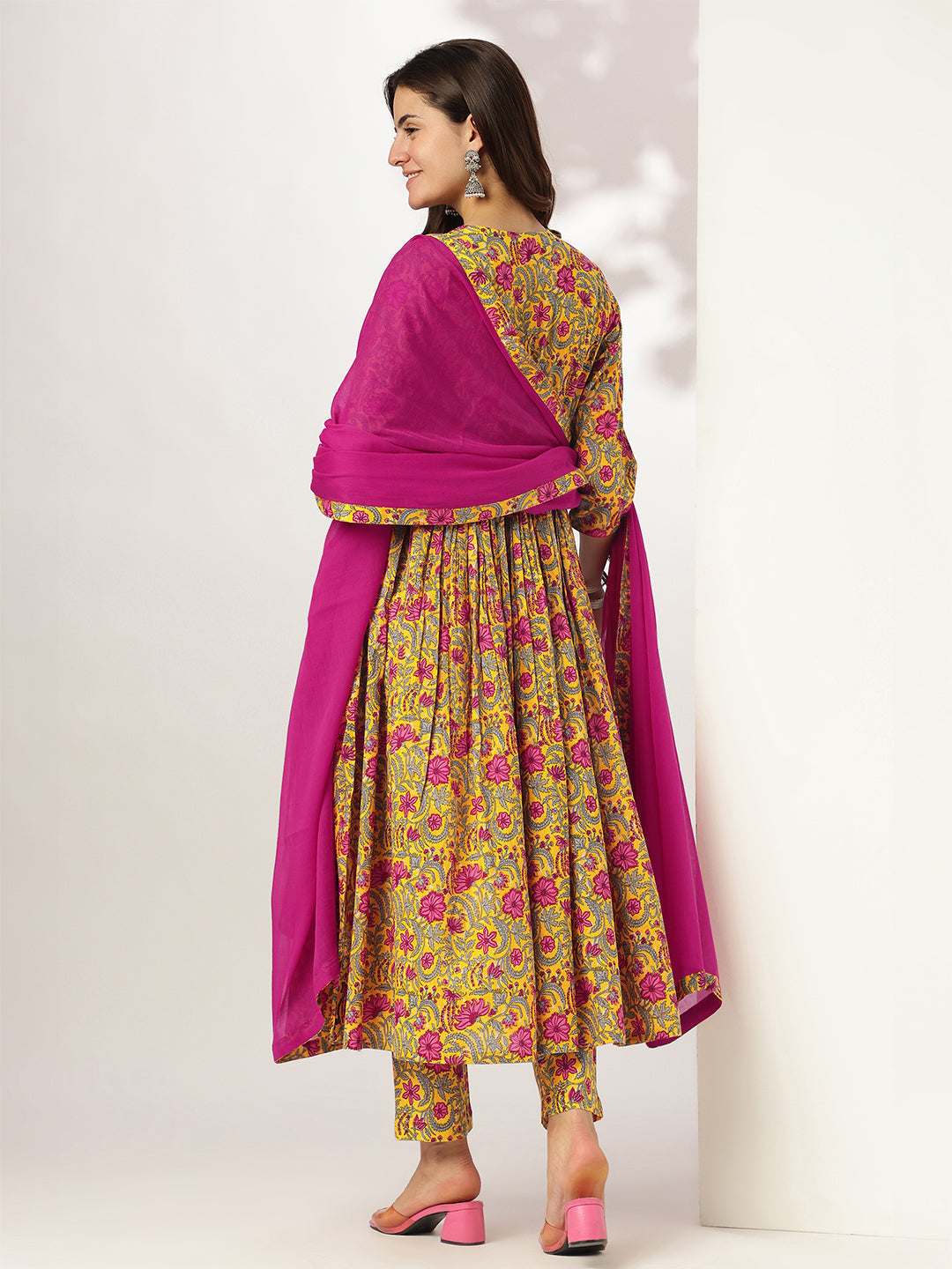 Janasya Women's Yellow Pure Cotton Floral Printed Angrakha Kurta Set - qivii