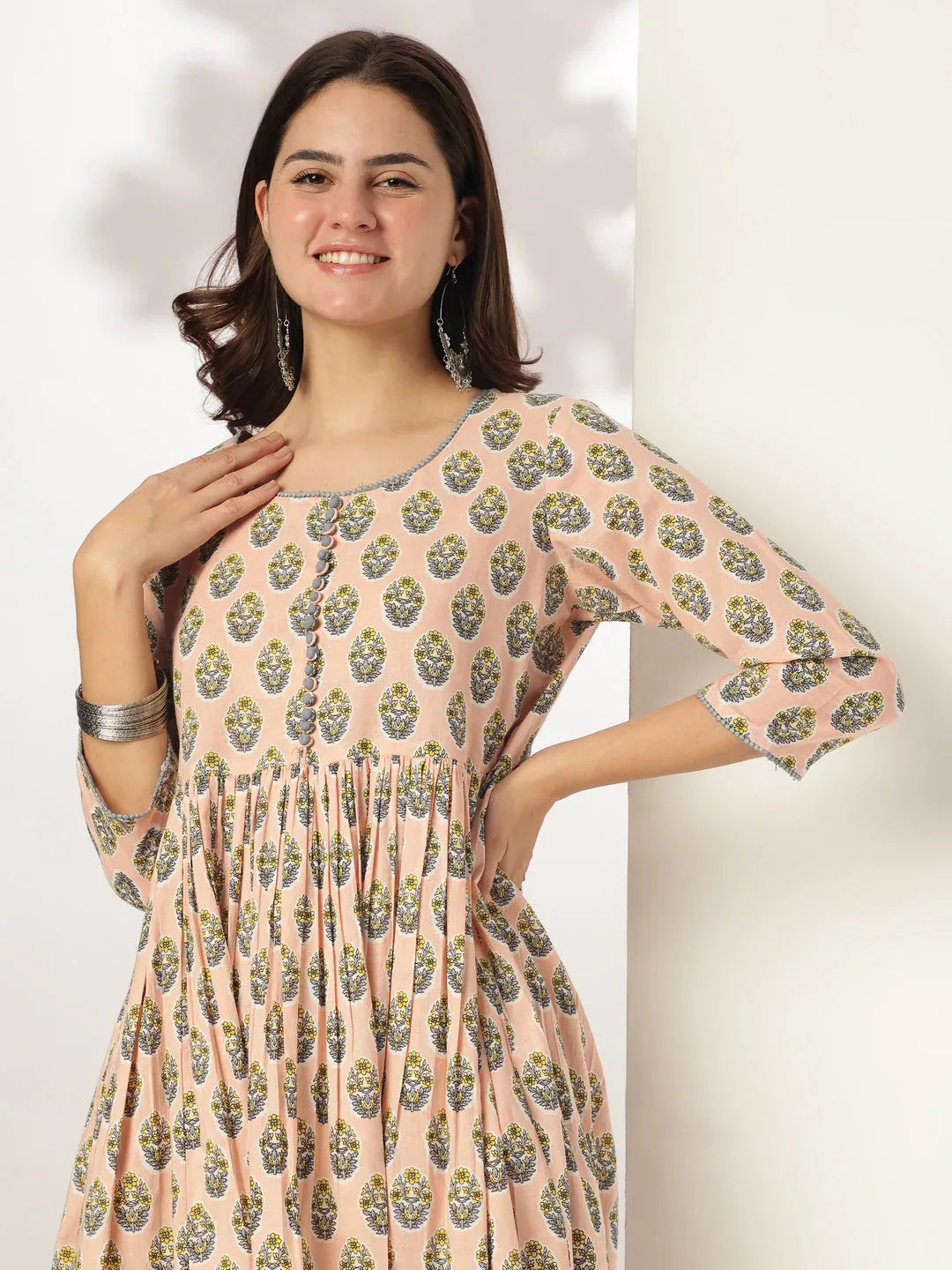 Janasya Women's Peach Pure Cotton Floral Printed A-line Kurta Set