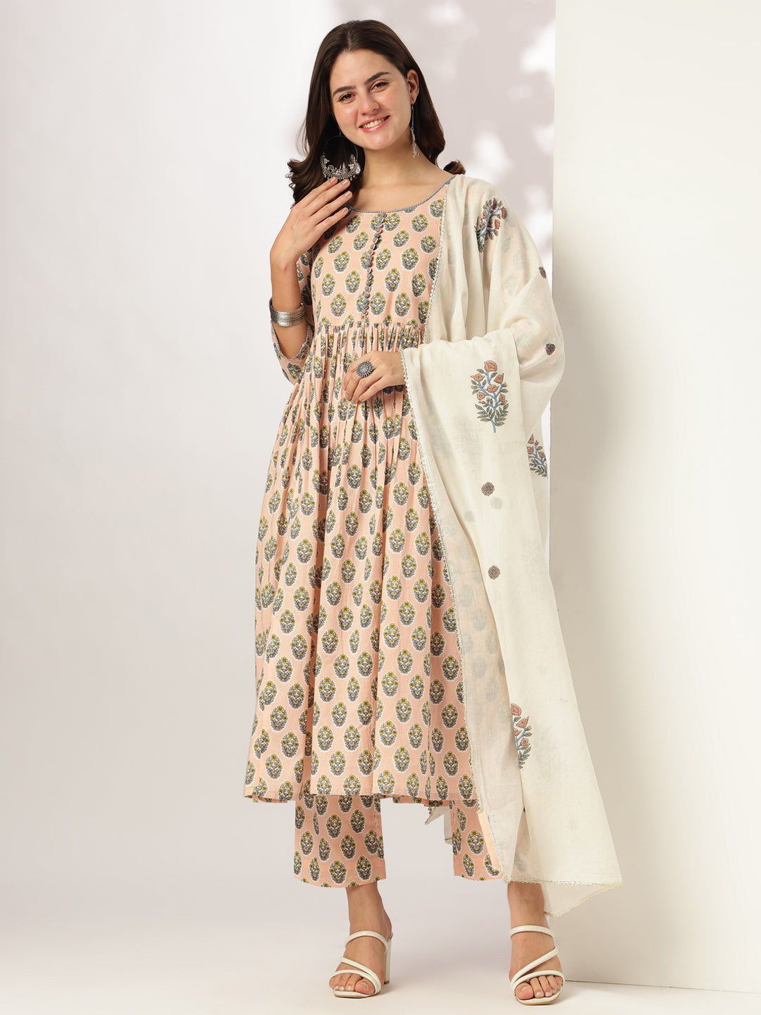 Janasya Women's Peach Pure Cotton Floral Printed A-line Kurta Set - qivii