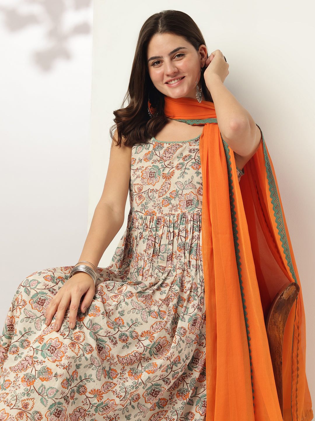 Off White Pure Cotton Floral Printed A-line Kurta Set - qivii