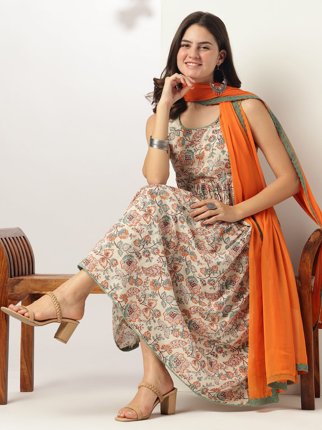 Off White Pure Cotton Floral Printed A-line Kurta Set - qivii