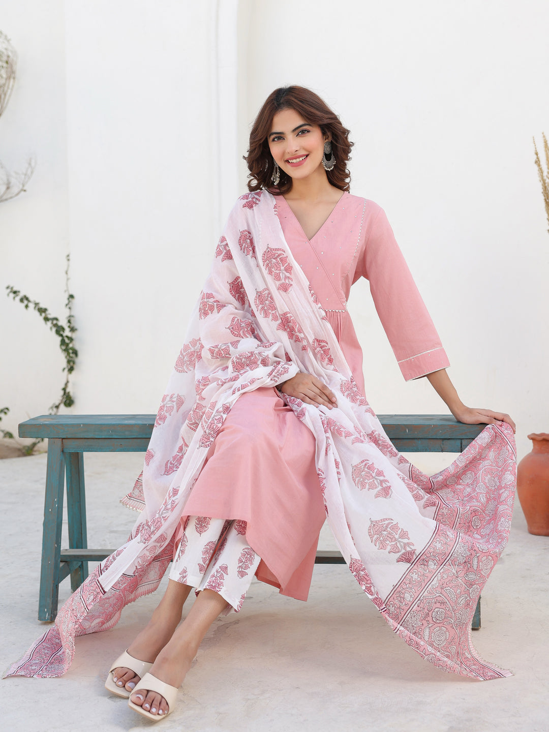 Light Pink Pure Cotton Floral Printed A-line Kurta Set - qivii