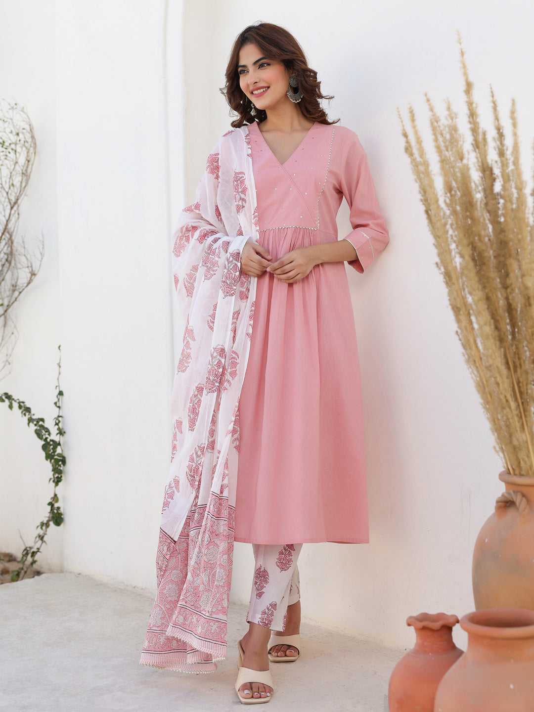 Light Pink Pure Cotton Floral Printed A-line Kurta Set - qivii