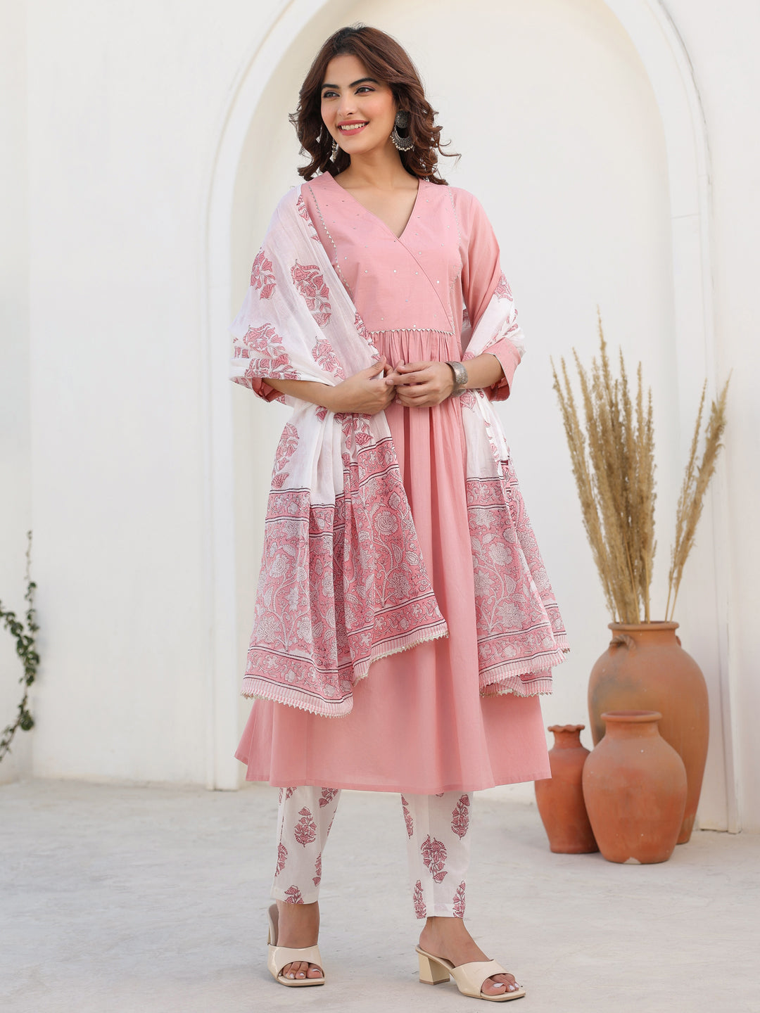 Light Pink Pure Cotton Floral Printed A-line Kurta Set - qivii