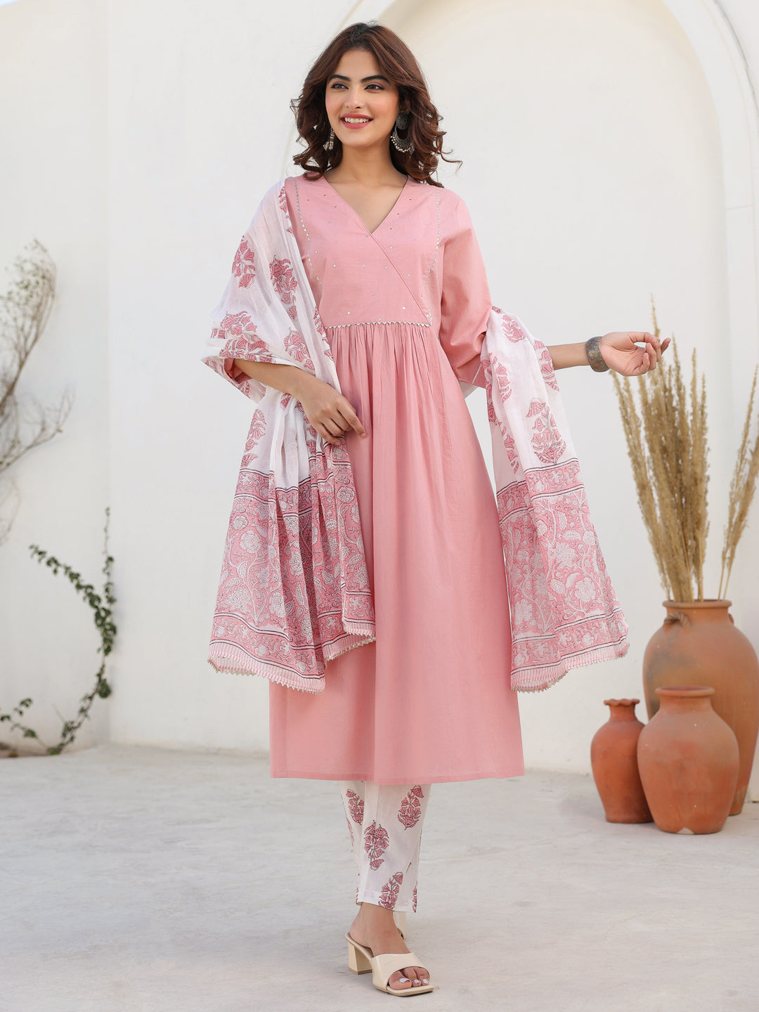 Light Pink Pure Cotton Floral Printed A-line Kurta Set - qivii