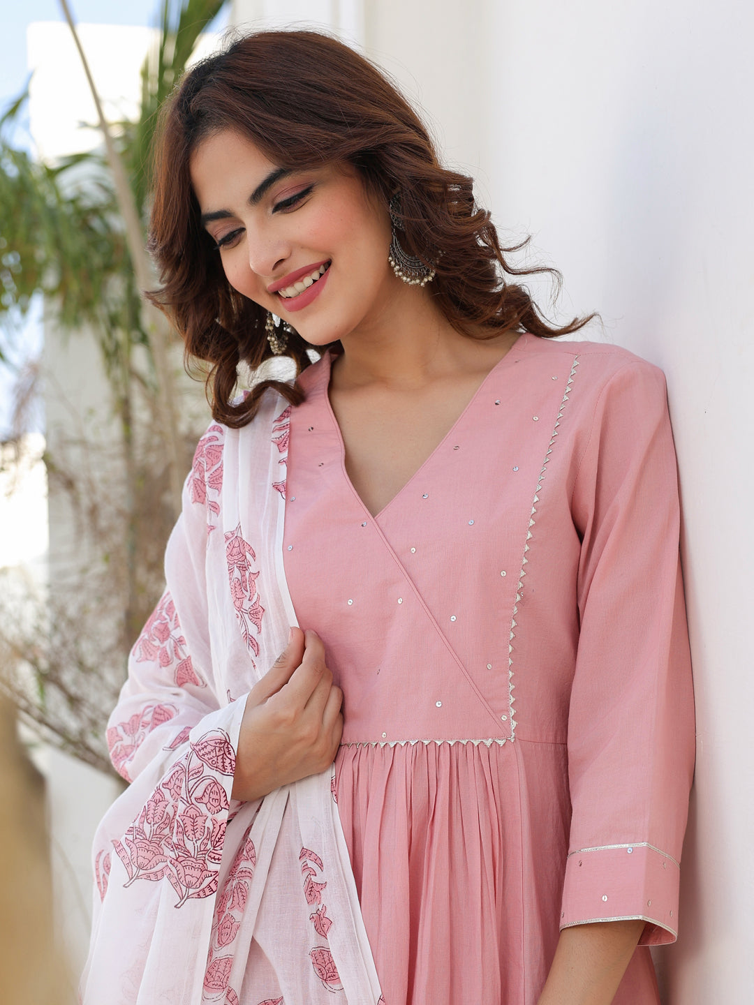 Light Pink Pure Cotton Floral Printed A-line Kurta Set - qivii