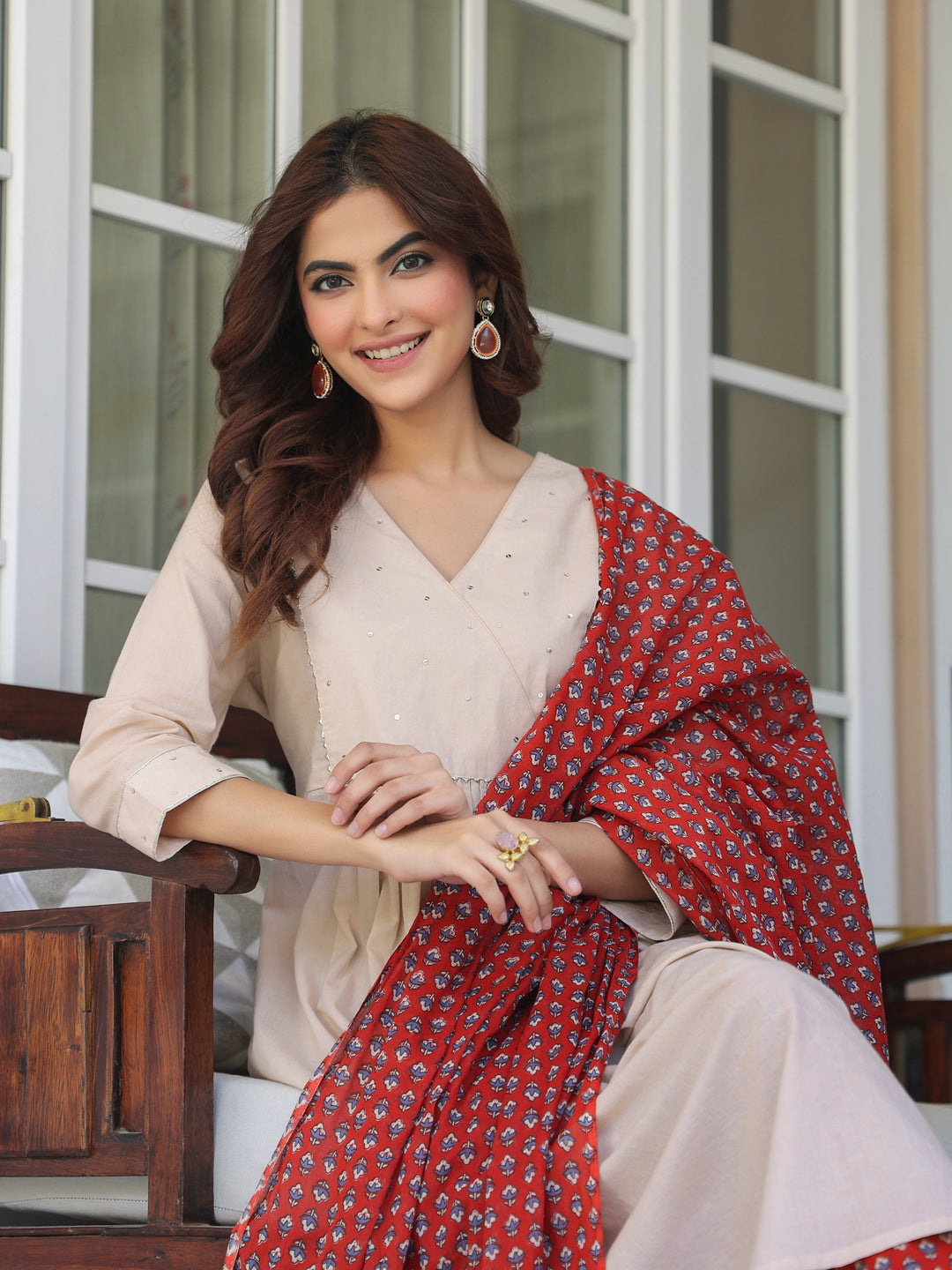 Beige Pure Cotton Floral Printed A-line Kurta Set - qivii