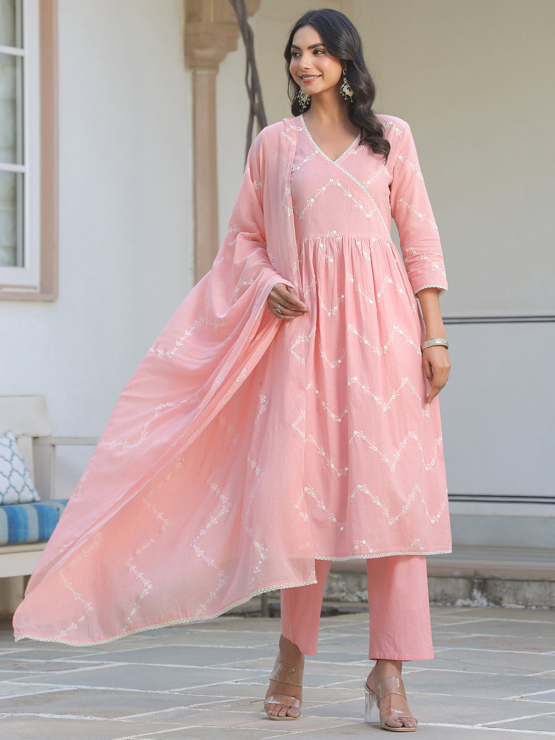 Janasya Women's Peach Pure Cotton Embroidered A-line Kurta Set - qivii