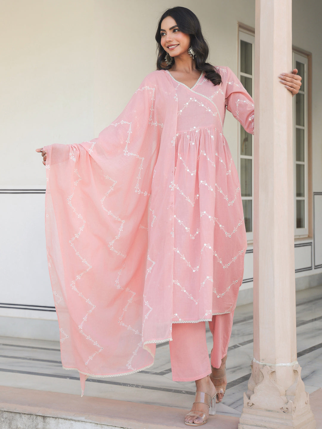Janasya Women's Peach Pure Cotton Embroidered A-line Kurta Set - qivii