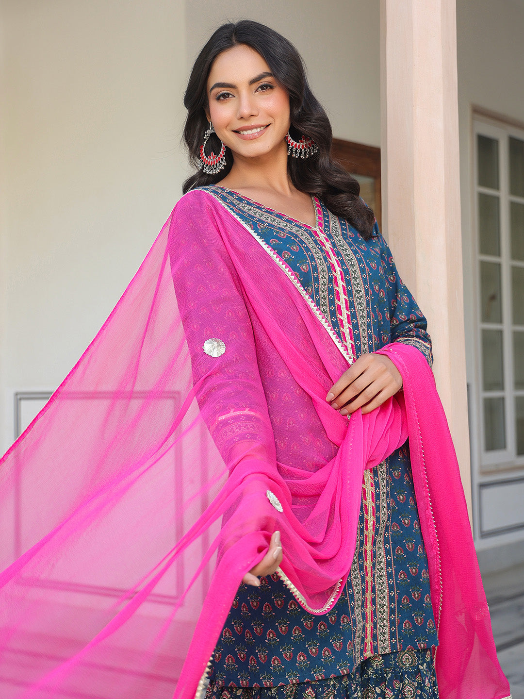 Janasya Women's Dark Blue Pure Cotton Floral Printed Straight Kurta With Sharara & Dupatta Set - qivii