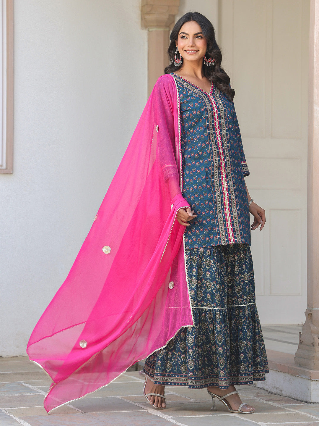 Janasya Women's Dark Blue Pure Cotton Floral Printed Straight Kurta With Sharara & Dupatta Set - qivii