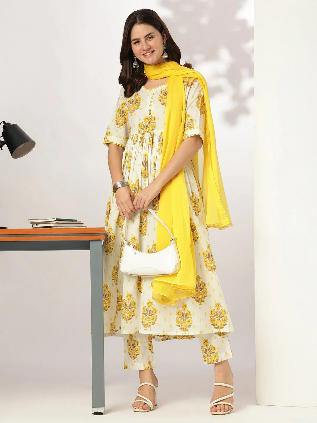 Janasya Women's Off White Pure Cotton Floral Printed A-line Kurta Set