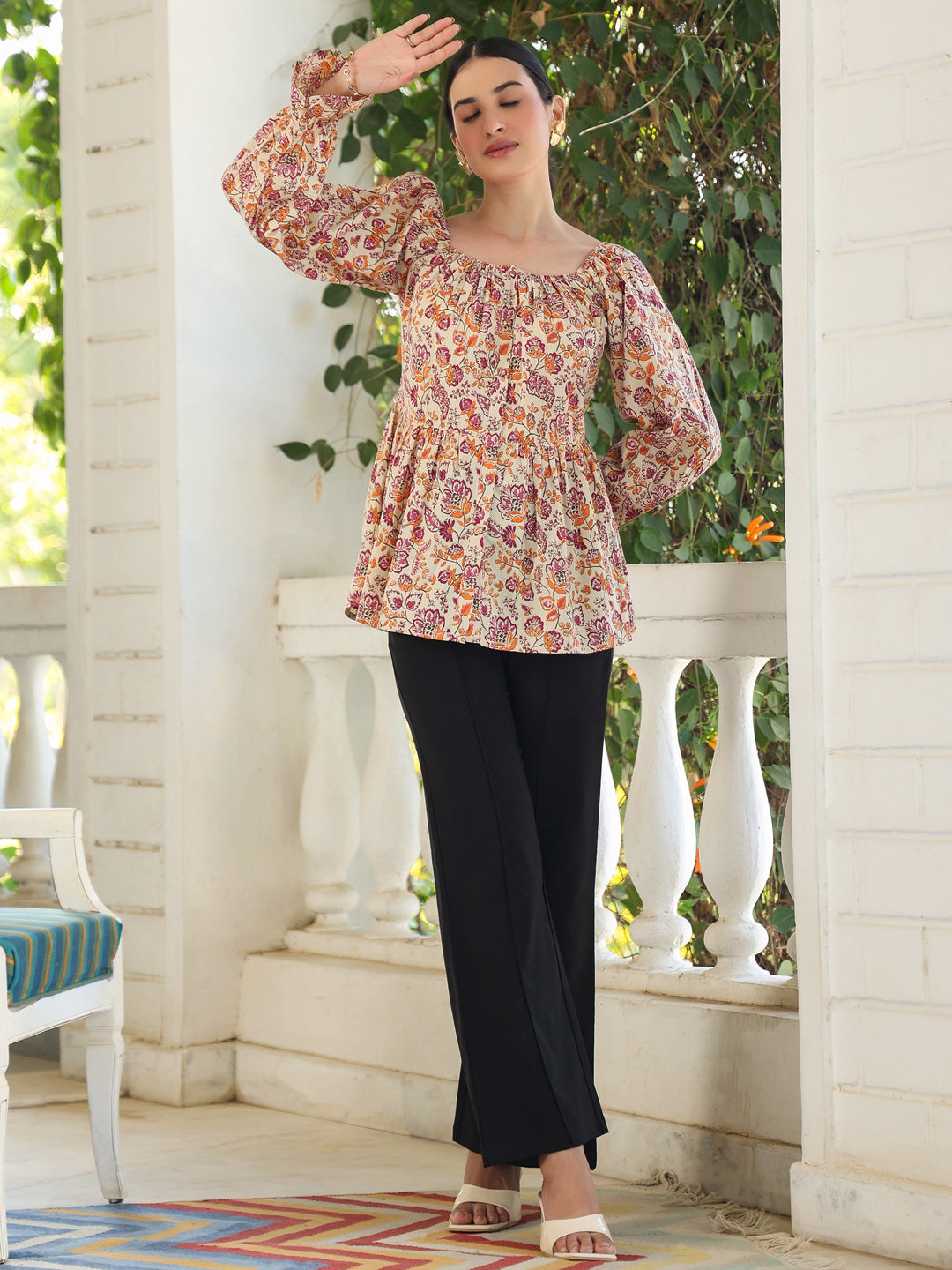 Beige Pure Cotton Floral Printed Peplum Top - qivii