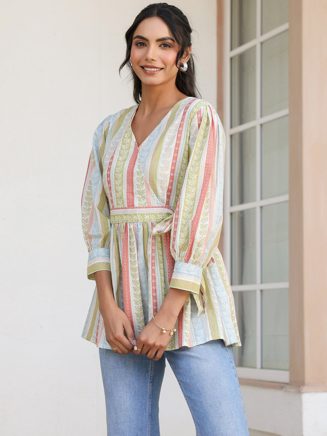 Off White Pure Cotton Floral Printed Peplum Top - qivii