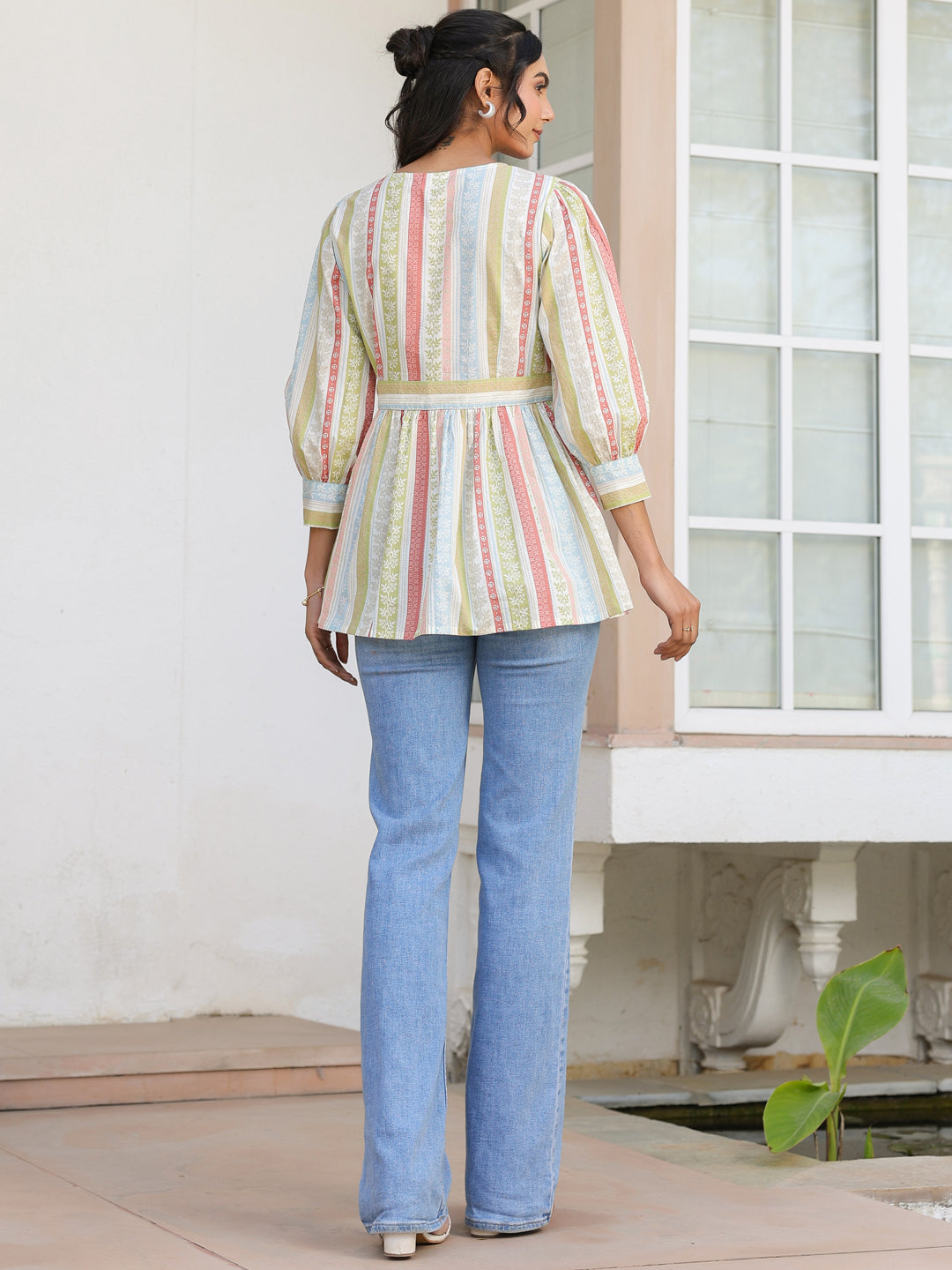 Off White Pure Cotton Floral Printed Peplum Top - qivii